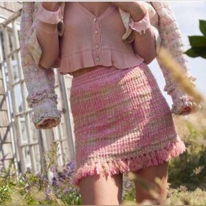 LoveShackFancy Wool Glittery Balsam Mini Skirt with Tassels in Majestic Pink S